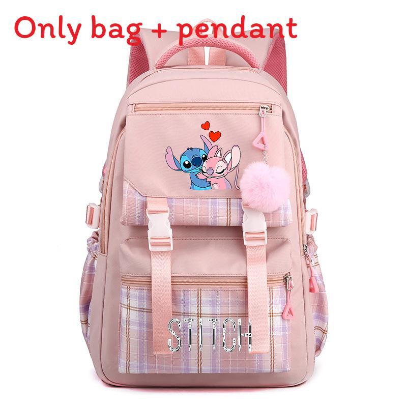 Cute Girl Backpack For School With Stitch Print And Checkered Patchwork Design For Middle School Students