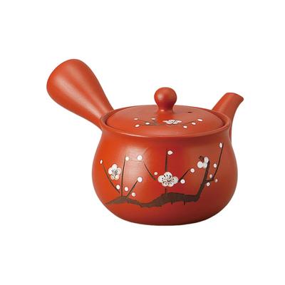 X 14 x Roter Ton Weißes Pflaumenblütendesign Tokoname Hergestellt in Stilvoller Ale-net Teekanne, 16,5 9,5 cm, 380cc, Beutelförmig (Erfrischendes Mesh), Ware, Japan,