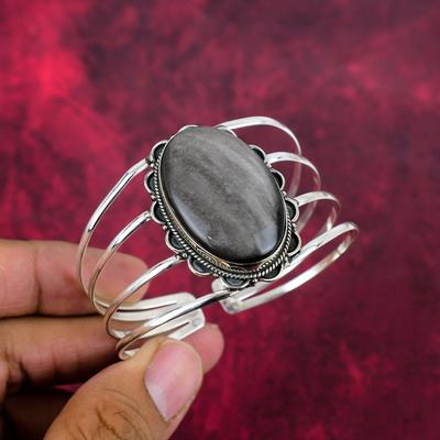 Silver Sheen Obsidian Handmade Gemstone Jewelry, 925 Solid Sterling Silver Bangle Unique Design Jewelry, For Women