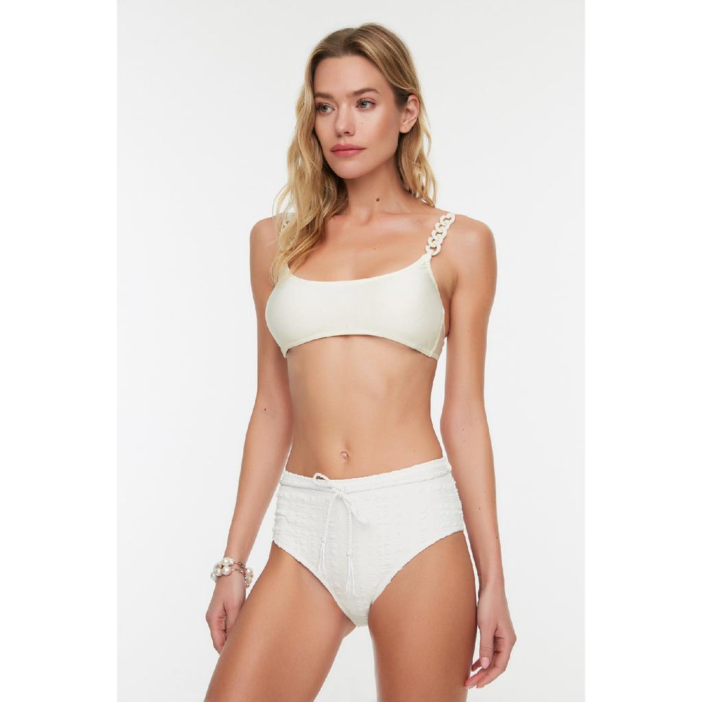 High Waist Bikini Bottom With Ecru Textured Belt Tbess21ba0167