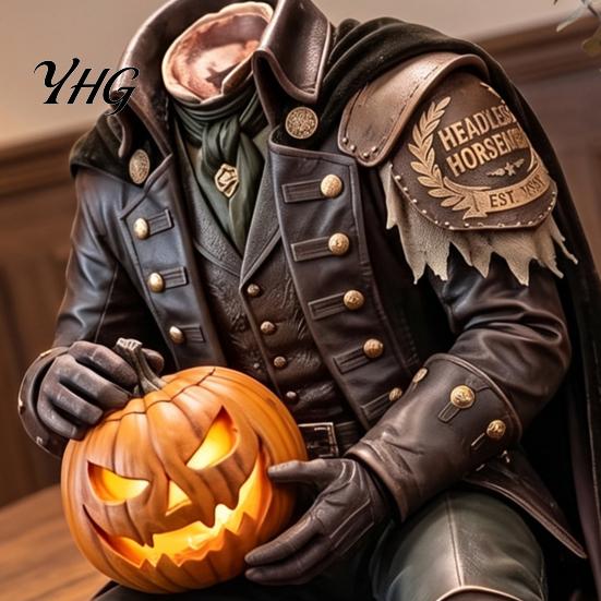 Rustic Gothic Home Accents Resin Headless Horseman Statue with LED Warm Glow, Lighted Halloween Handmade Legend Collectible Sculpture, Tabletop Decor