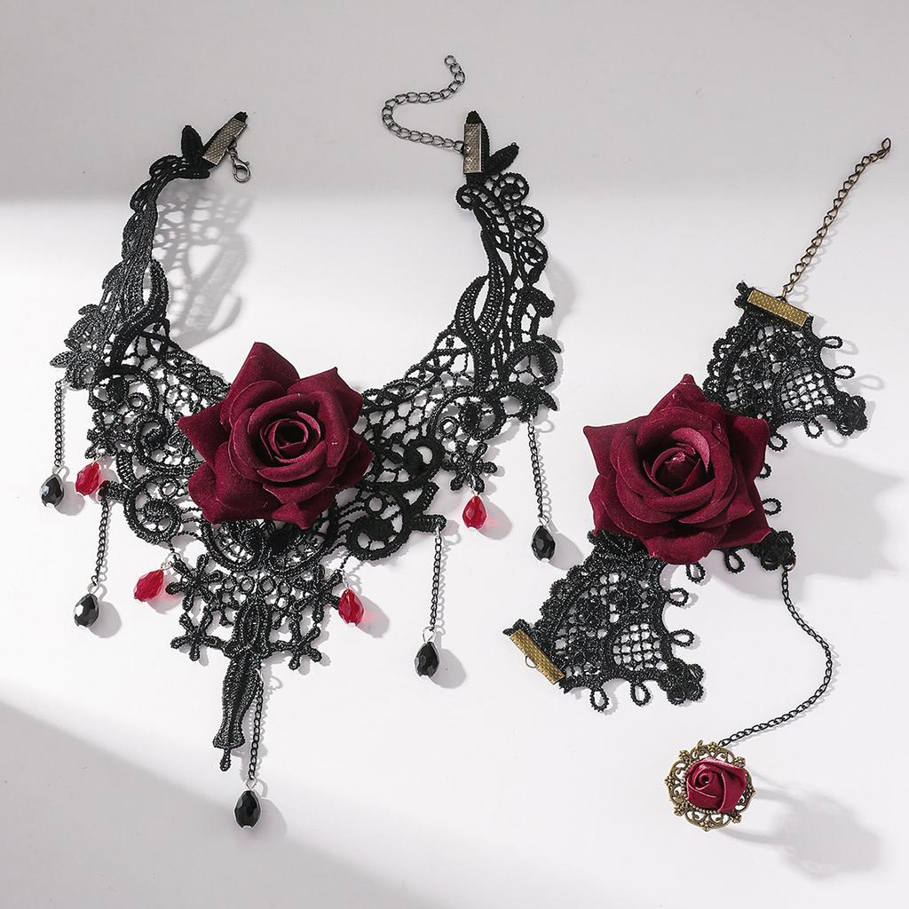 Vintage Black Lace Rose Necklace Bracelet Ring Set Women's Dinner Party, Dark Wind Neck Chain Bracelet