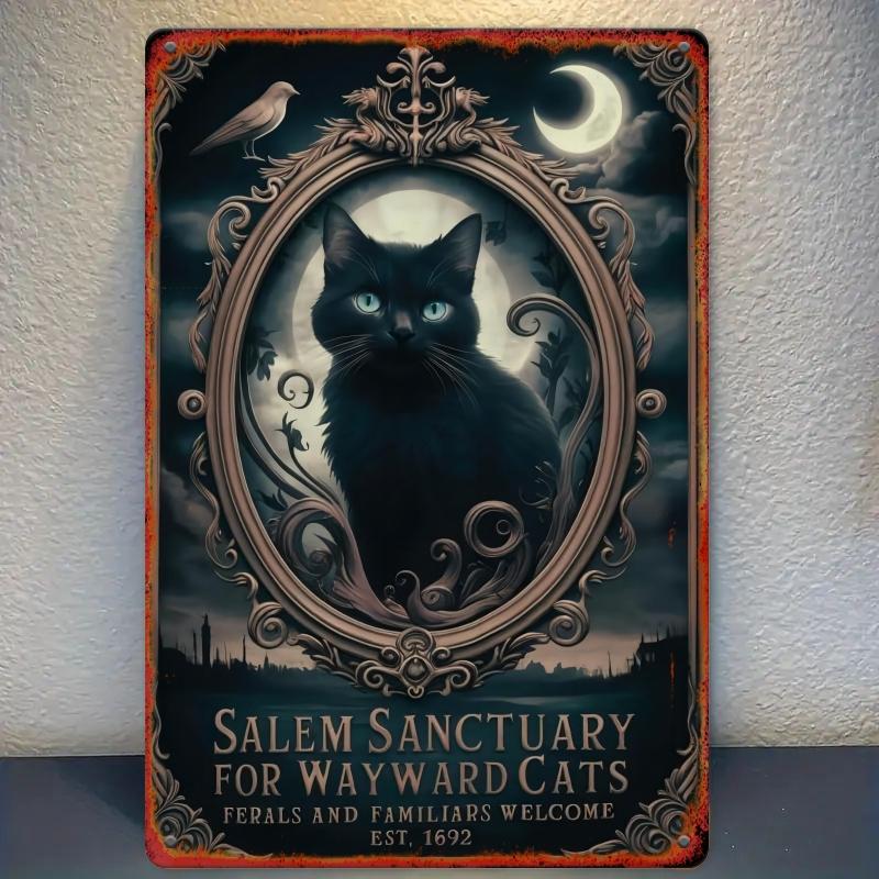 Style Salem Sanctuary for Wayward Cats Metal Sign, Wall Hanging Decor, Rustic Tin Art with Ornate Frame & Moonlit Night Design
