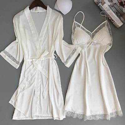 Conjunto de Bata Sexy 2 Piezas Camisón y bata Kimono largo Bata de baño Señora Satén Camisón largo Estilo Palacio Ropa de casa Ropa de dormir Tirante espagueti