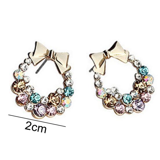 Women Multicolor Rhinestone Inlaid Bowknot Decor Stud Earrings Jewelry Gift
