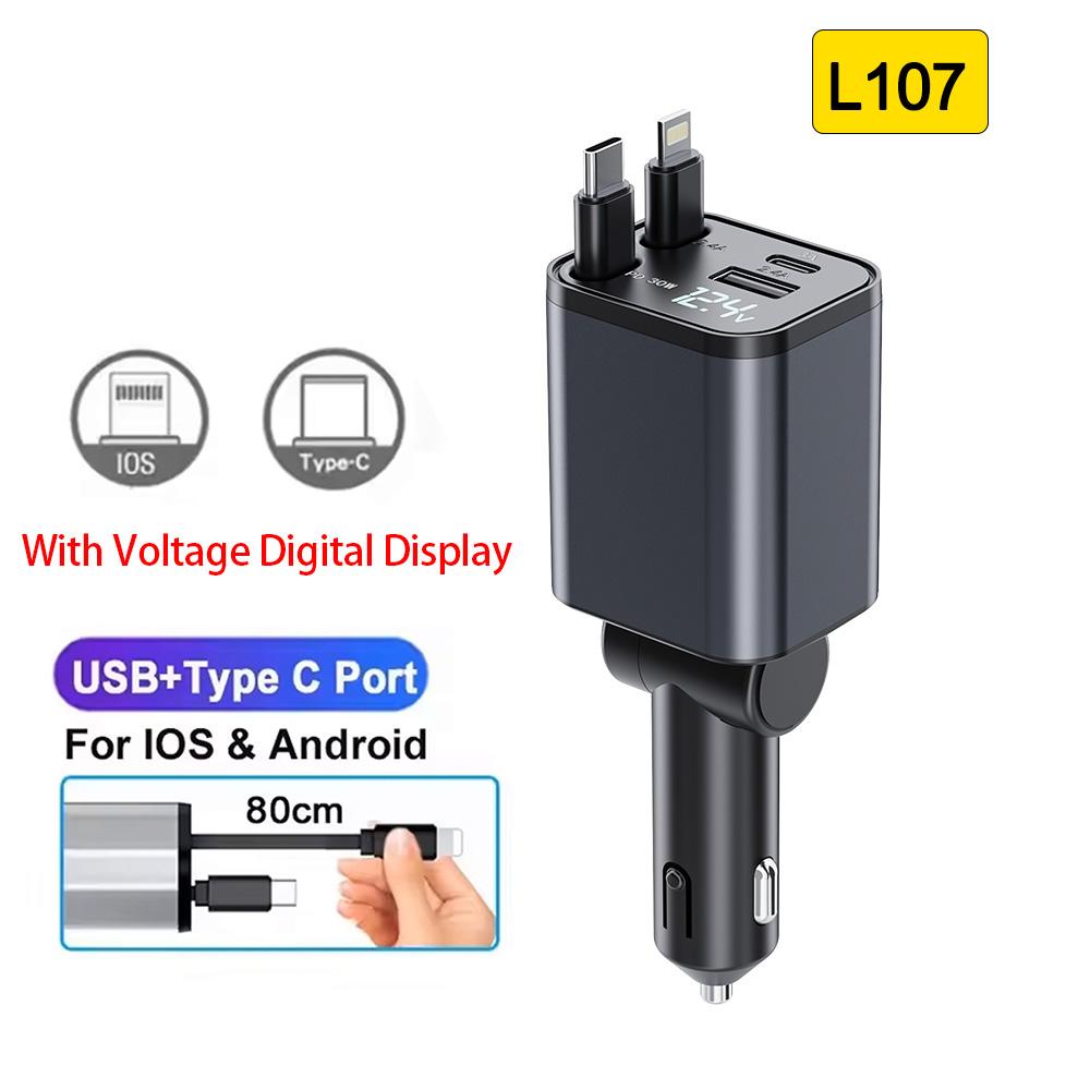 

New Arrival 4 IN 1 Retractable Car Charger USB Type C Cable For IPhone Samsung Fast Charge Cord Cigarette Lighter Adapter