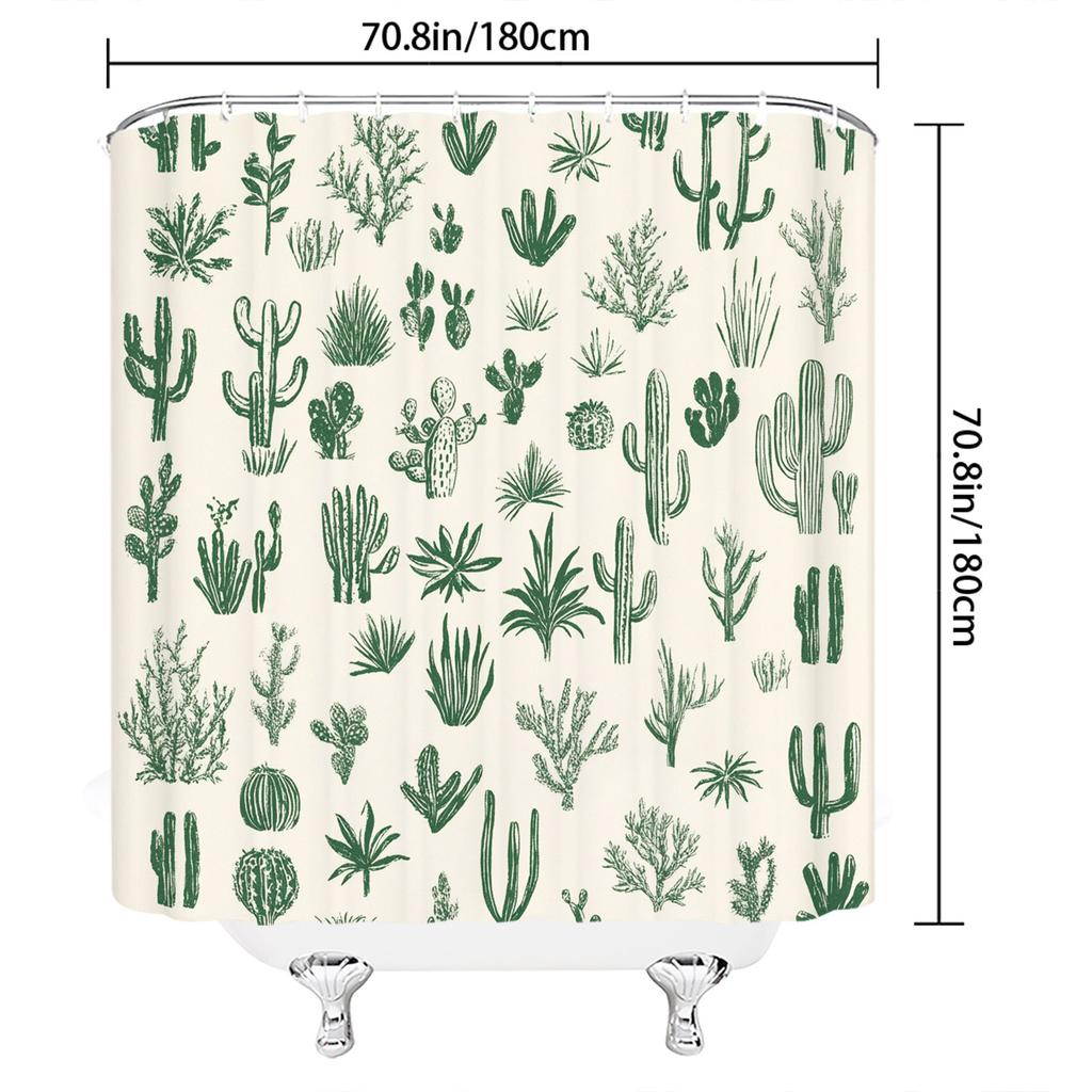 Desert Cacti & Succulents Shower Curtain - Monochromatic Green Design, Light Beige Background, Hand-Drawn Minimalist Style