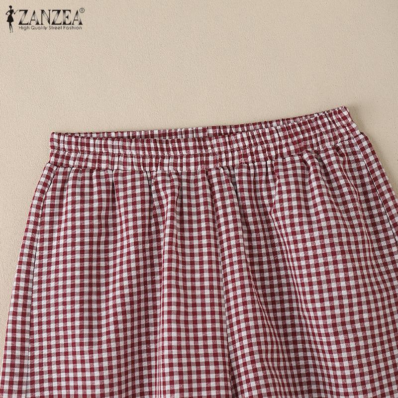 ZANZEA Women Casual Elastic Waist Loose Summer Grid Print Shorts