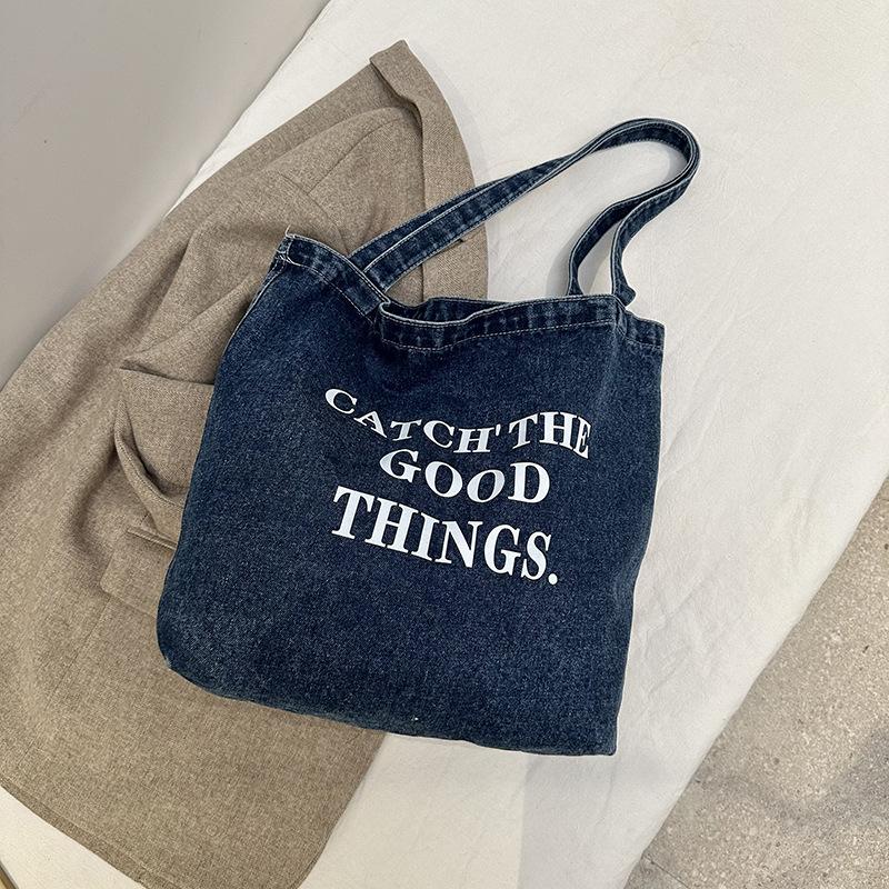 Vintage American Denim Canvas Bag ins Large Capacity Embroidered Shoulder Bag Student Class Versatile Handbag