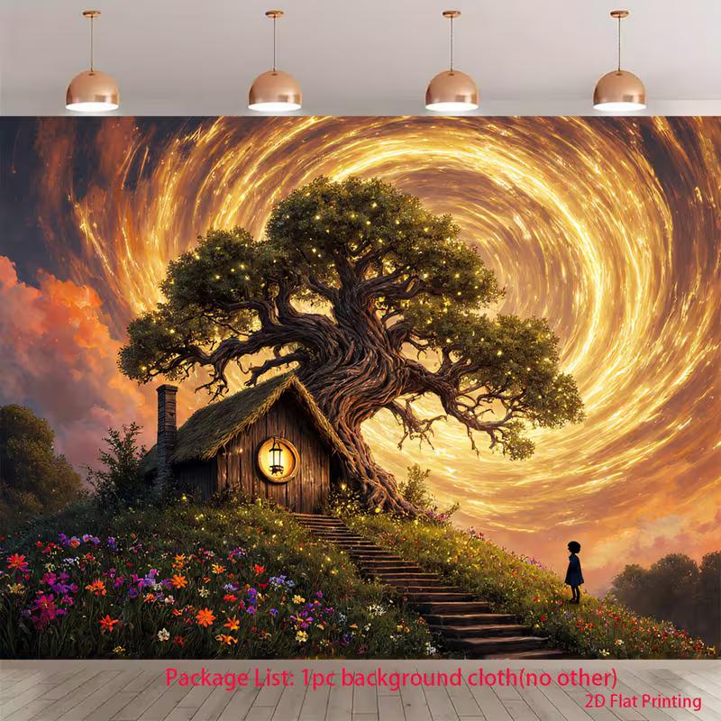 

2D Fantasy Cabin & Tree Backdrop for Storytelling & Themed Event 47.2x31.5inch/120*80cm