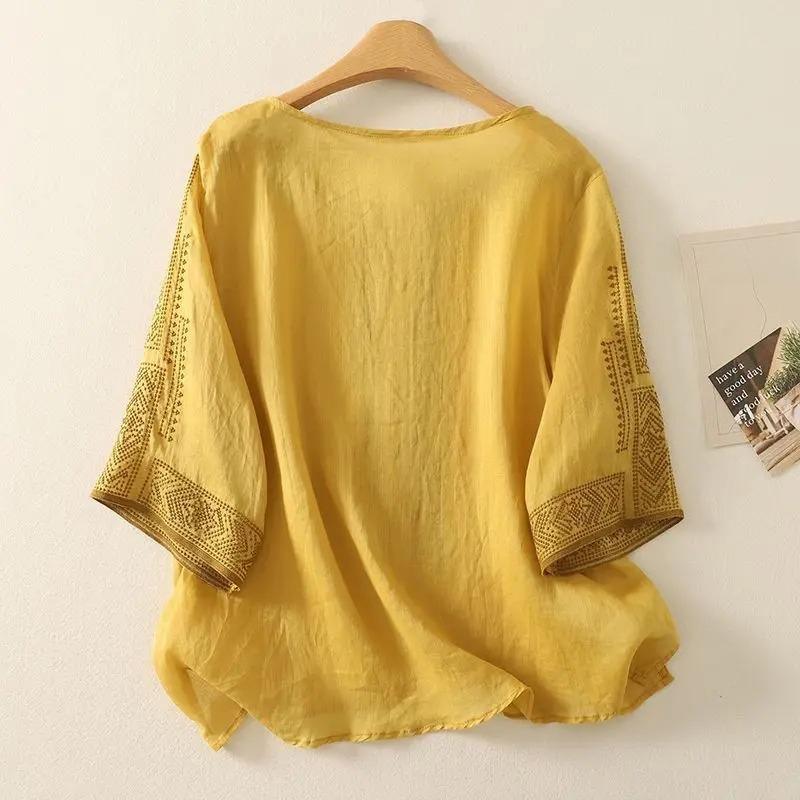 Summer Retro Blouse Linen Women's T-shirt Loose Pullover Tee O-Neck Thin Shirt Three-quarter Sleeves