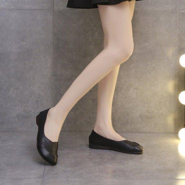 

Summer solid color hollow light mouth leather splicing rubber square head low heel foot cover casual single shoes women 35 чёрный