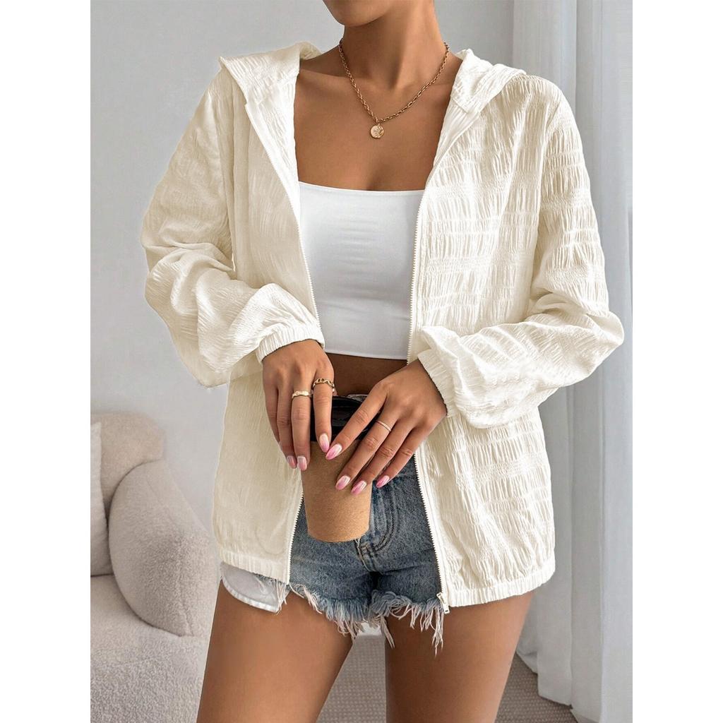 Women's Summer Thin Hooded Sun Protection Jacket, European American Ins Style Loose Zipper Outerwear for Women