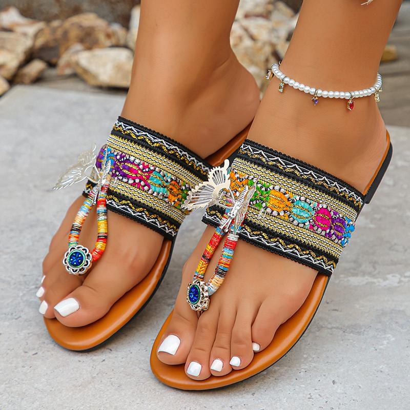 Fashion Butterfly Decor Clip Toe Women Slippers Bohemian Colorful Knitting Flat Sandals Woman Summer Comfort Non Slip Beach Flip Flops