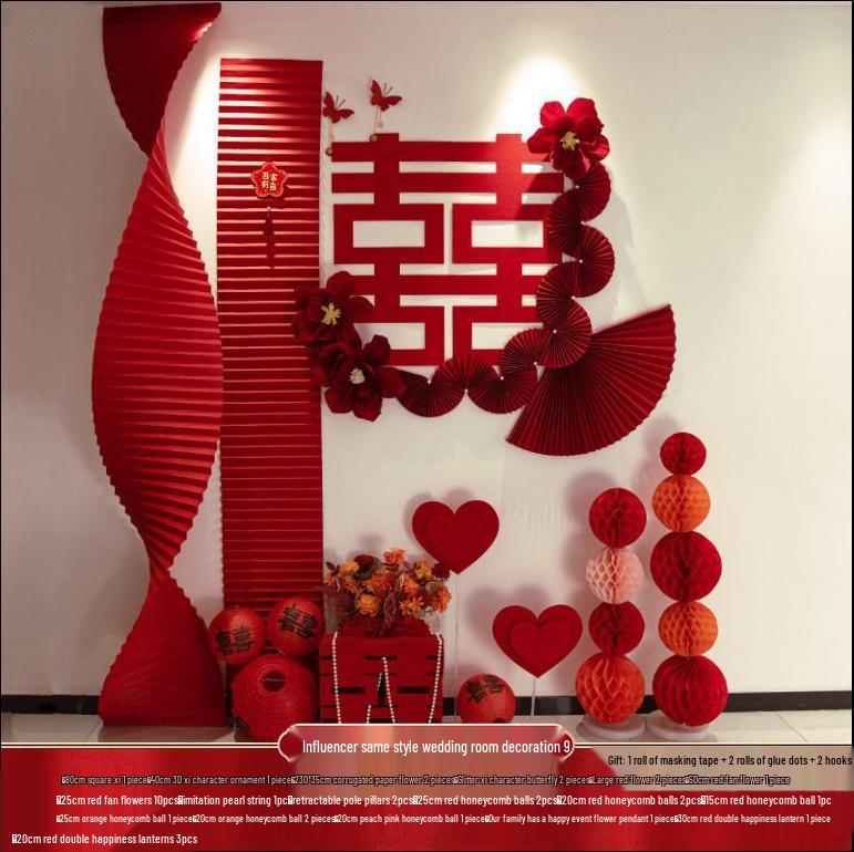 3D Floral Wedding Decor Set: Paper Flowers & Double Happiness Wall Stickers for Bedroom & Living Room