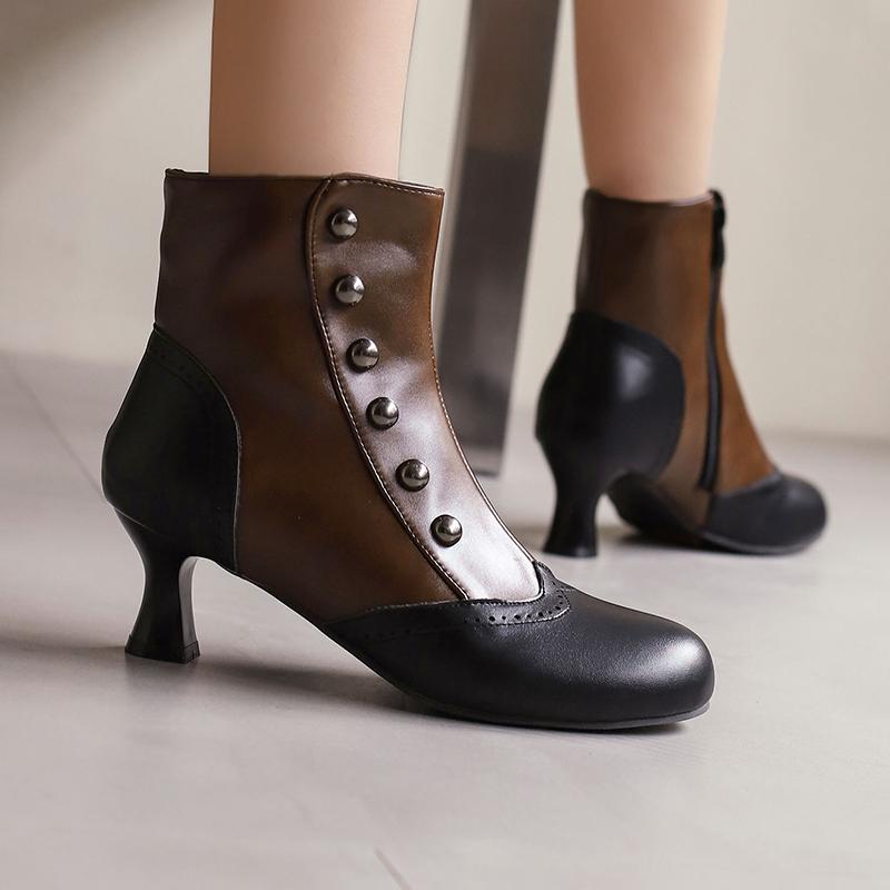 Mixed Colours Ankle Boots Women's Rivets Decor Kitten Heels Shoes Retro 2025 Autumn Winter Footwear