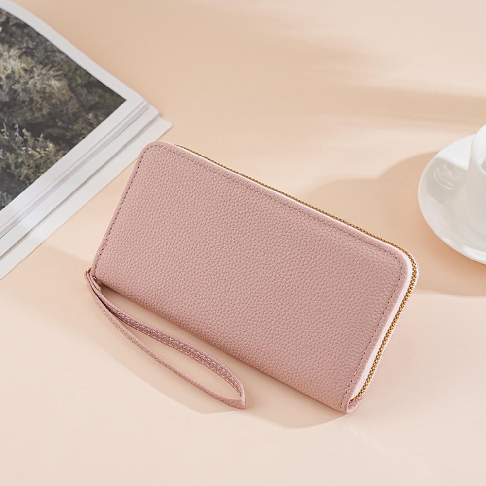 Luxury Leather Long Wallet With Wrist Strap Solid Color Multi Card Holder Large Capacity Phone Handbag Women
