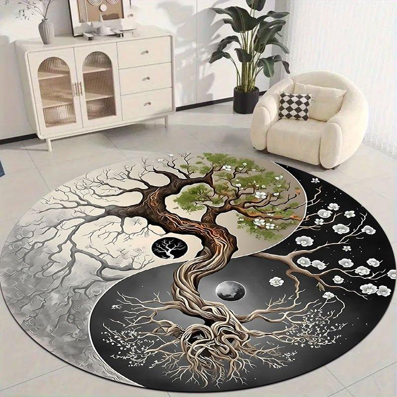 Bohemian Life Tree Design Flannel-printed round floor mats are slip-resistant Suitable for living bedroom terrace garden carpets