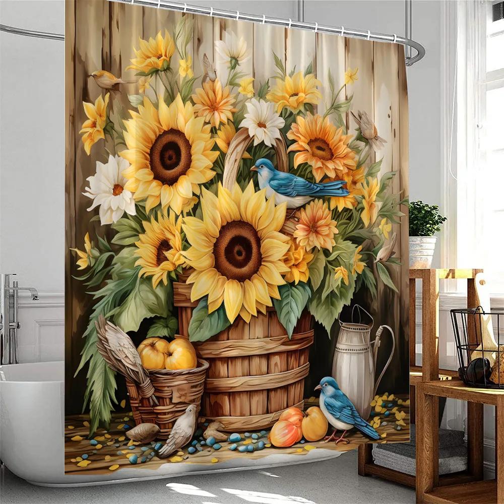 Sunflower Farmhouse Shower Curtain Countryside  Autumn FLowers Birds Butterfly Floral Bathroom Decor Polyester Bathtub Curtain