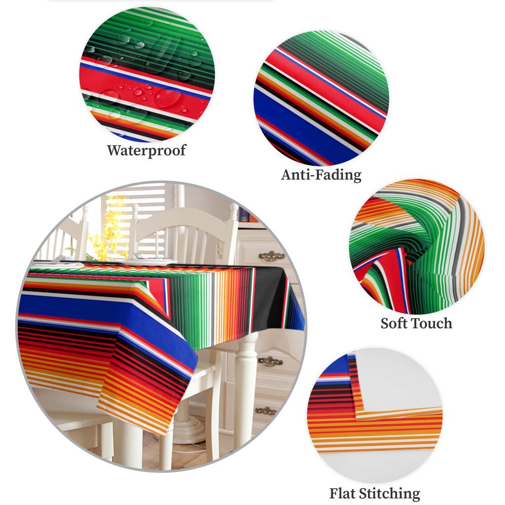 Mexican Colorful Striped Rectangle Tablecloth Holiday Party Decoration Reusable Waterproof Tablecloth Mexican Fiesta Table Decor