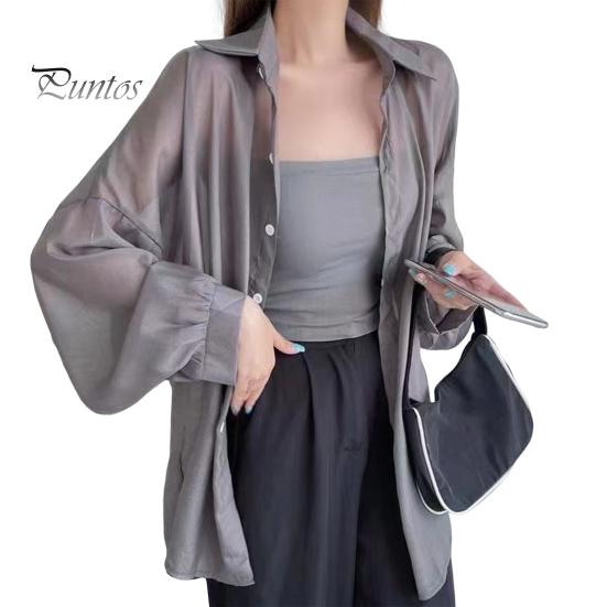 

Женская рубашка с лацканами, длинный рукав, однобортная рубашка, однотонная, свободный крой, прозрачная, глянцевая ткань, солнцезащитный крем, тонкая рубашка серый