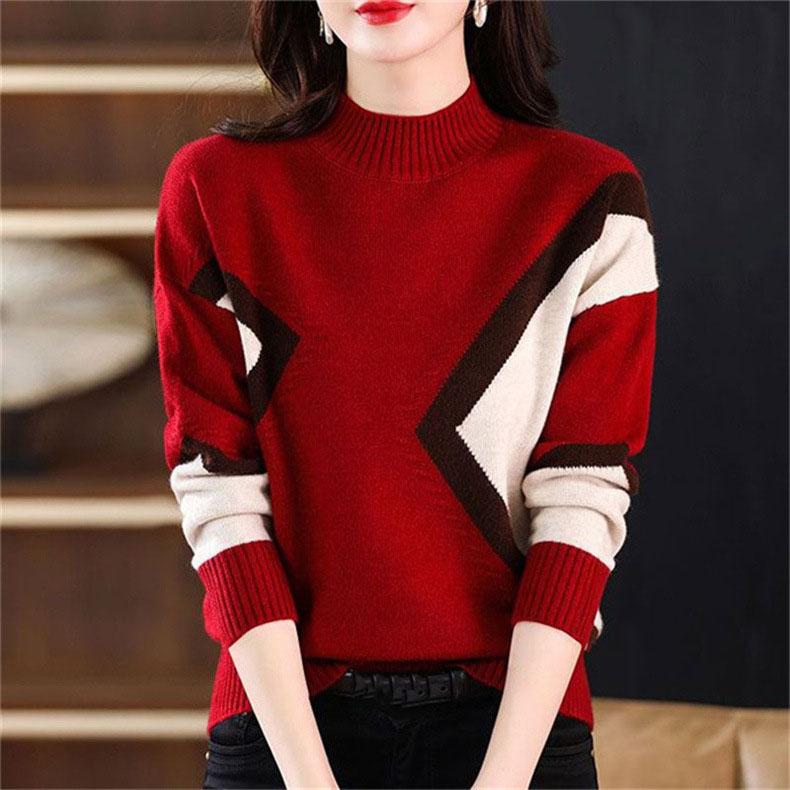 Thickened Women's Autumn Winter Edition Color Block Knitted Half High Neck Sweater