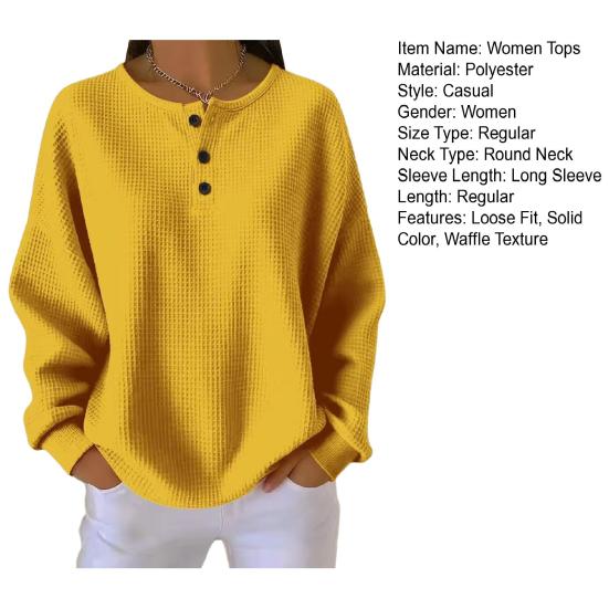 Damen Oberteile Rundhals Knöpfe Dekor Langarm Pullover Oberteile Einfarbig Waffelstrick Texturierte Bluse Alltagskleidung