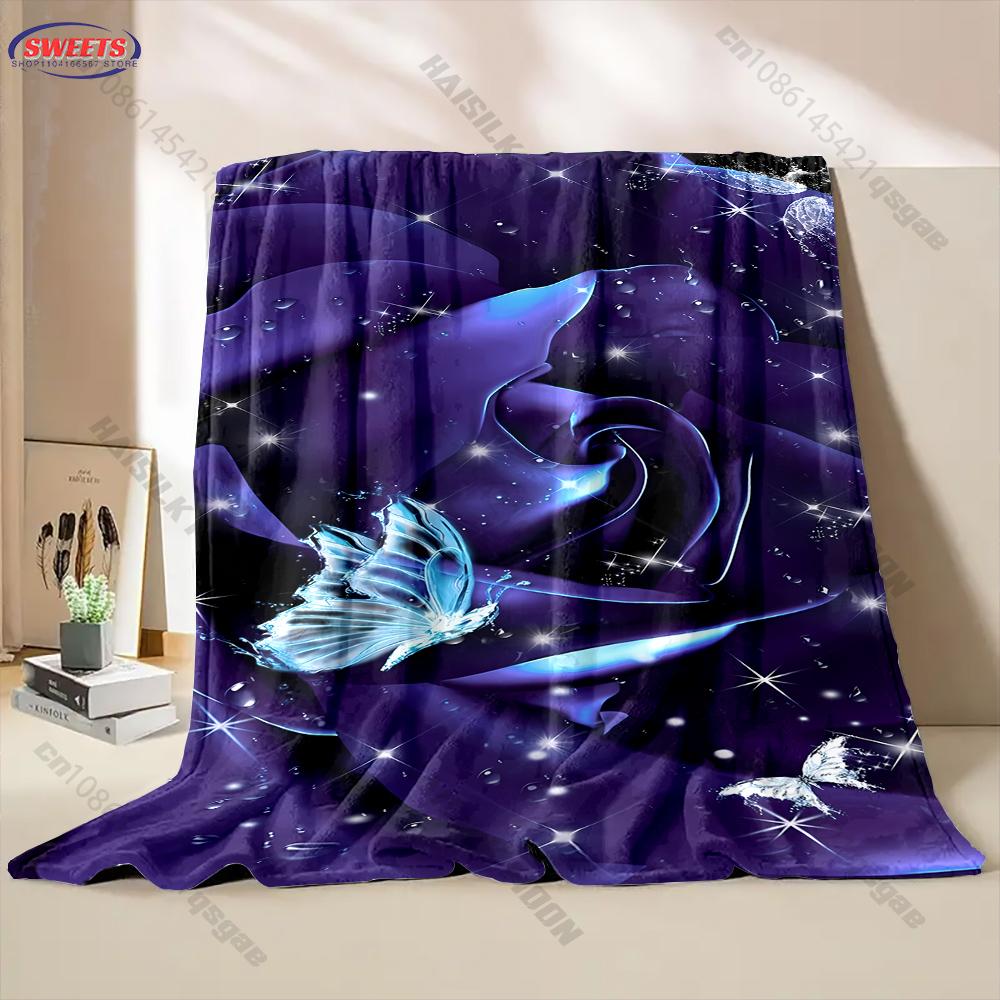 6 Sizes Purple Butterfly and Flower Printed Blanket Warm Soft Home Travel Blanket Sofa Bedding Cover Blankets Gifts for Friends