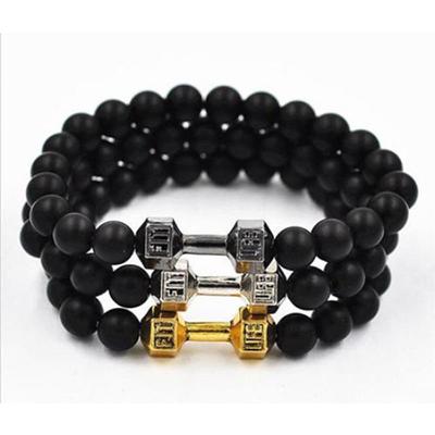 Unisex Fashion Black Matte Stone Dumbbell Fitness Gym Adjustable Punk Bracelet