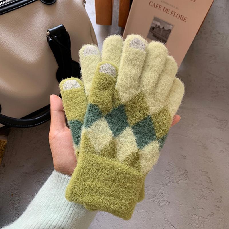 

Женские зимние велосипедные вязаные перчатки с сенсорным экраном, студенческие модные теплые варежки с полным пальцем, женские вязаные перчатки оптом T89 One Size зелёный