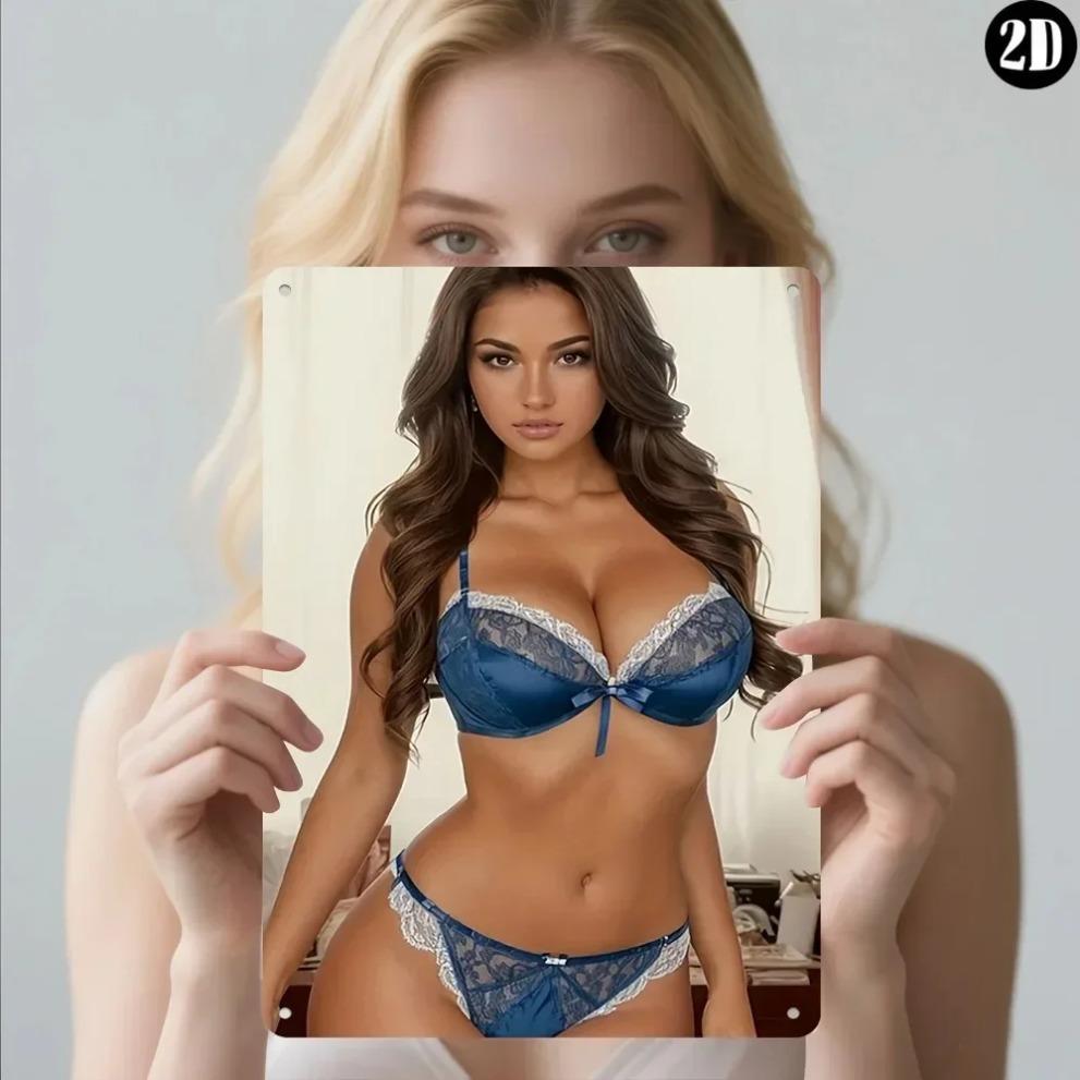 Modern Art Metal Wall Decor Blue Lace Lingerie Hanging Aluminum 8x12 Inch for Bedroom