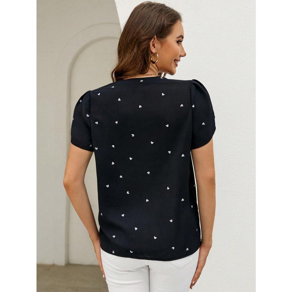 Summer new V-neck love petal pattern women's casual T-shirt top