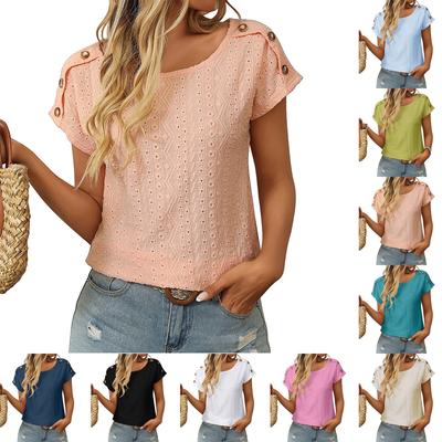 Camiseta holgada de manga corta con botones y cuello redondo de color liso para mujer