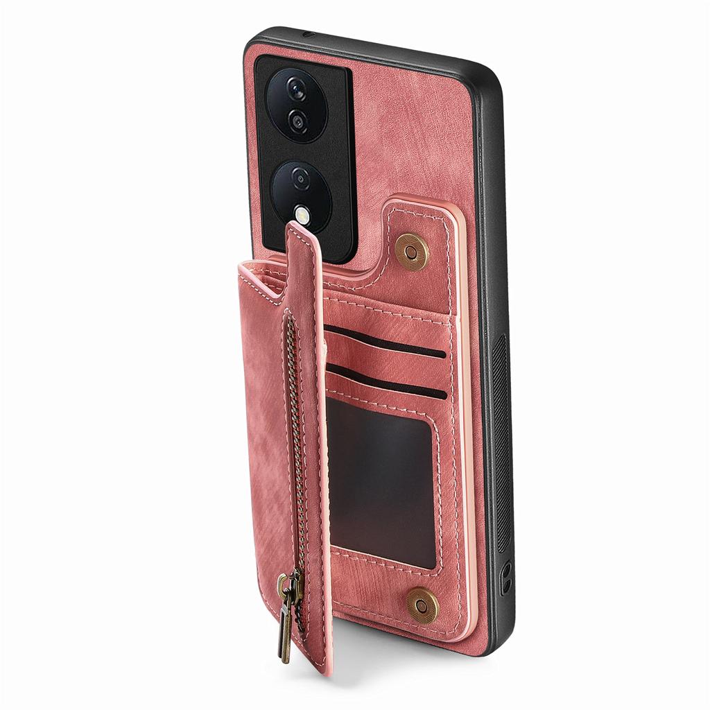 D15 For Honor X7b 4G/90 Smart Case with Card Holder Retro Leather+TPU Zipper Phone Cover