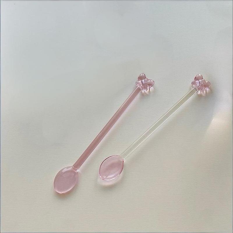 Szklana łyżeczka do kawy z różową kokardką, Długa łyżeczka do deserów/herbaty mlecznej, Łyżeczka żaroodporna, Domowe narzędzie kuchenne.
