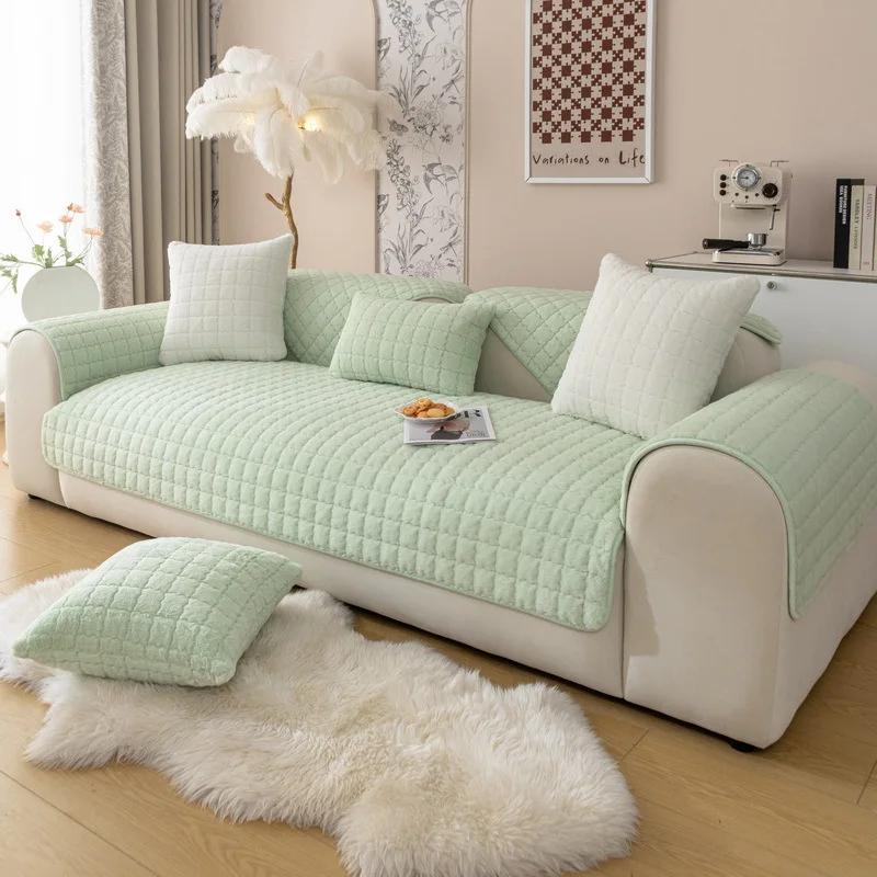 2026 Checkered Solid Color Sofa Cover Fabric for Autumn and Winter Thickened Warm Sofa Cushion Cover Soft and Sticky Anti Slip