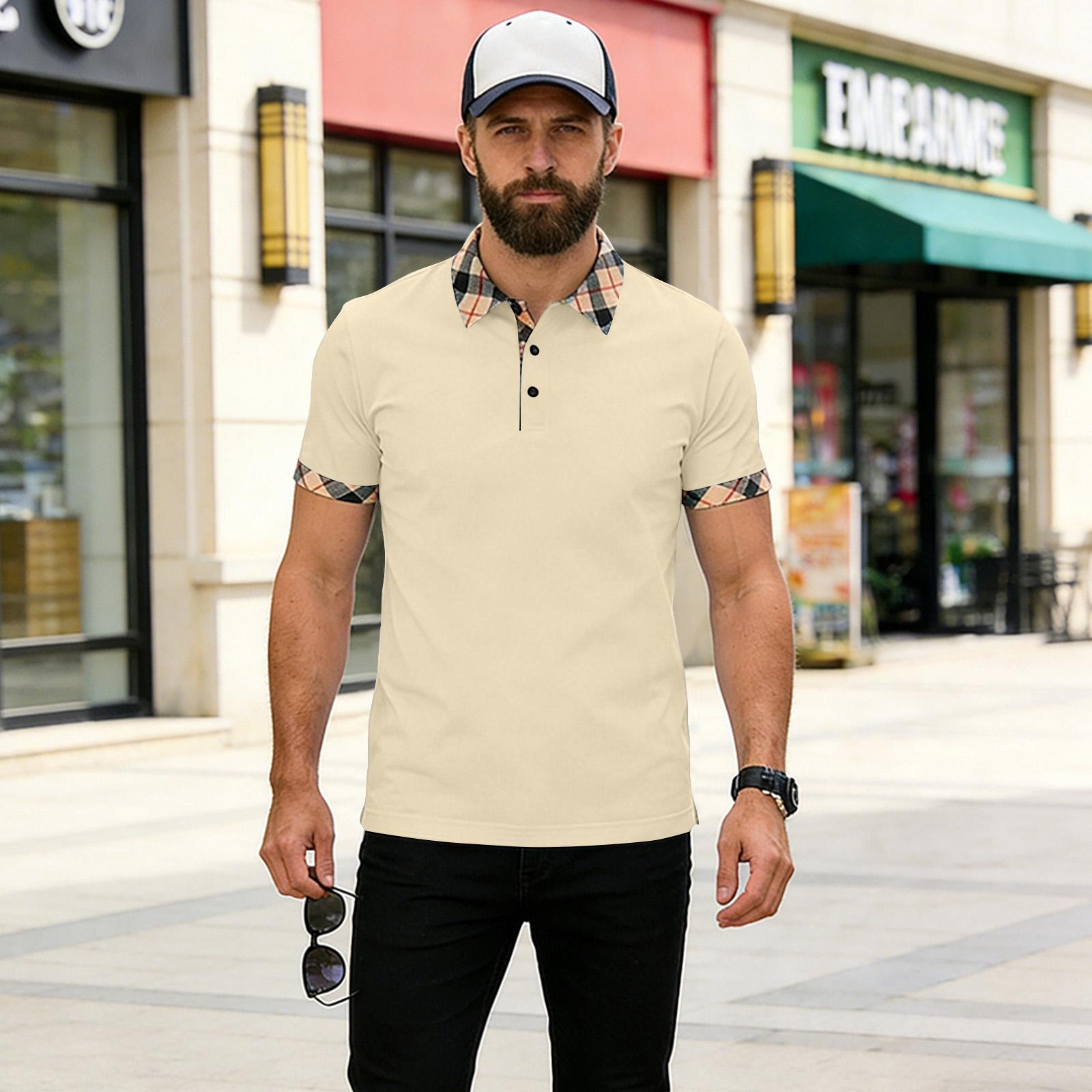 

Мужская рубашка с отложным воротником и короткими рукавами – Повседневная, Изысканная футболка L бежевый