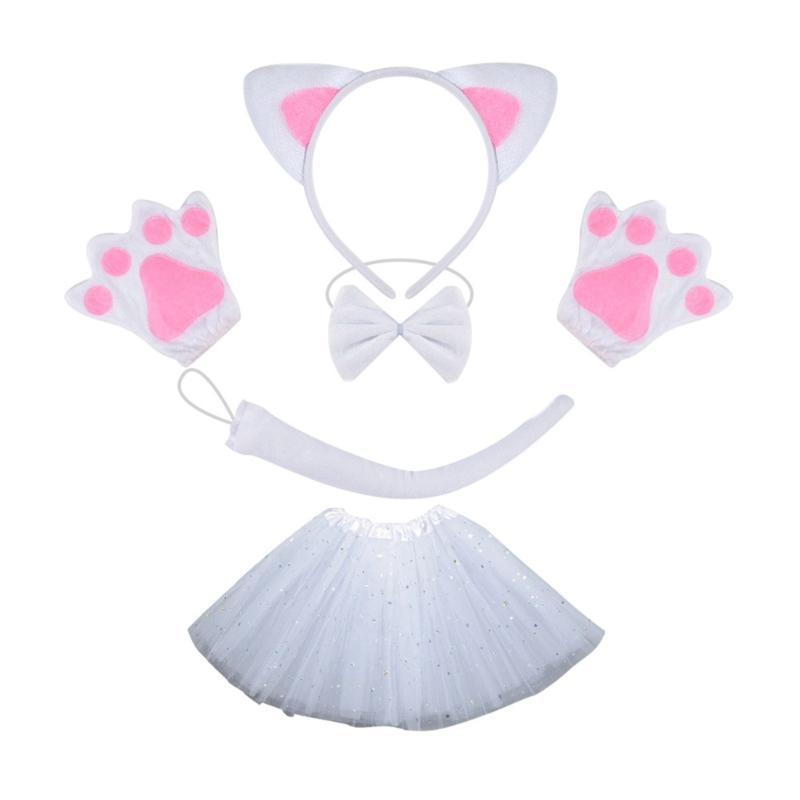 Cats Costume Set Includes Cats Tail Headband Bowtie Glove Skirt Halloween Catgirl Dress up Outfit for Kid Women Cosplay