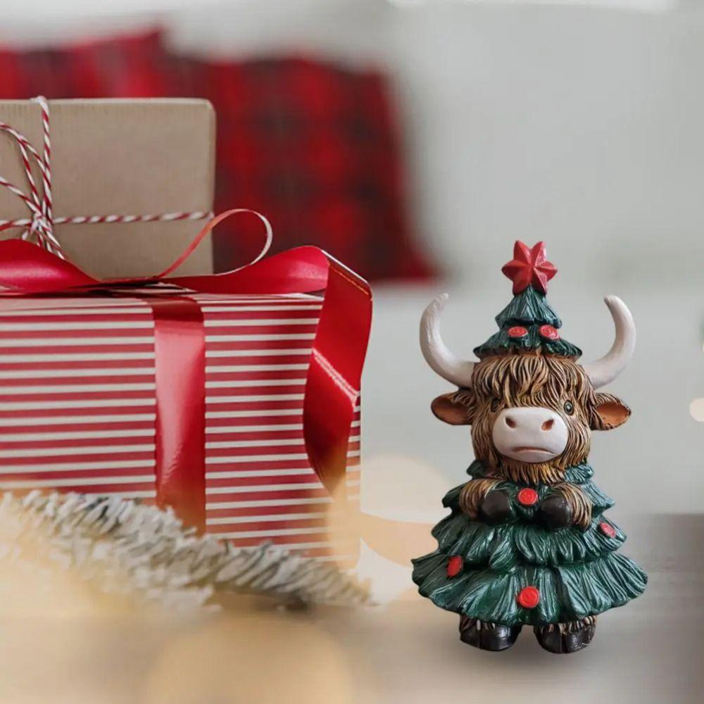 Funny Cow Figurine Resin Animal Sculpture Christmas Highland Cow Statue  Gift