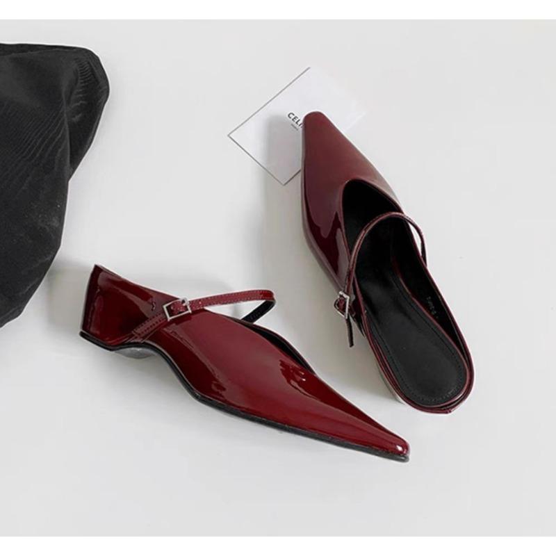

Fashion Black Designer Pointed Toe Women Loafers Black Casual Mules Shoes Belt Buckle Shallow Slip on Low Flat Heeled Party Pumps 40 красный