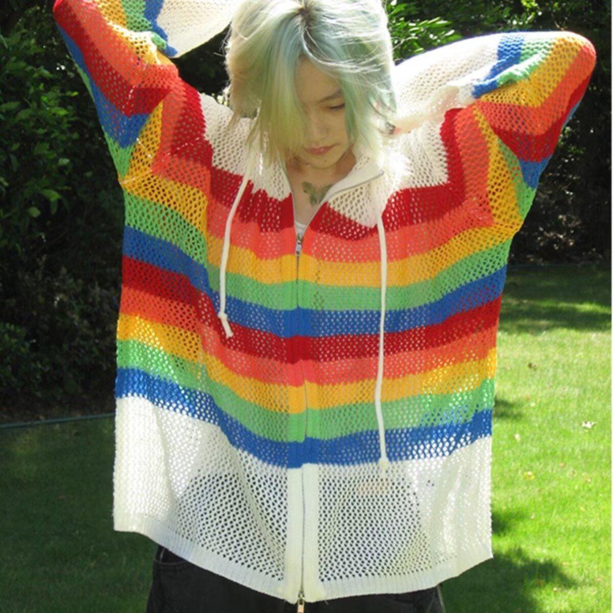 

Rainbow Stripe Summer Knit Cardigan & Camisole Set for Women Double Extra Large