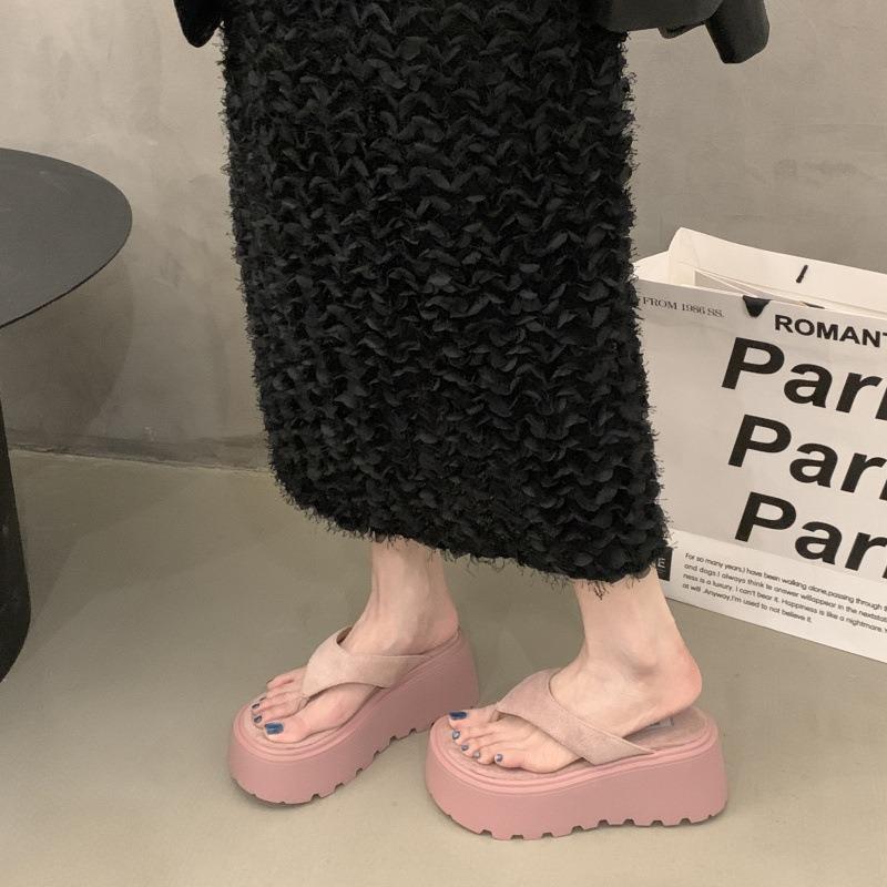 High-heeled thick-soled flip-flops shoes for women's summer new Korean version outer slippers suede fashion cool slippers