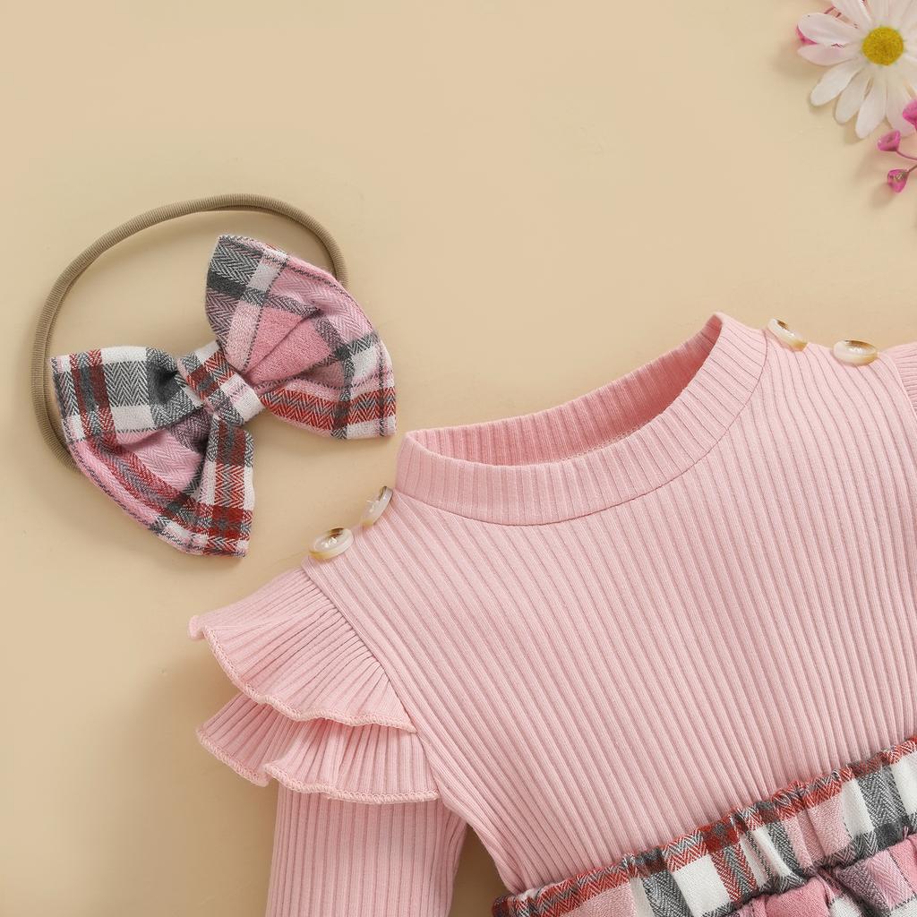 Citgeett Autumn Infant Baby Girl Fall Outfits Long Sleeve Plaid Print Skirt Bodysuit Headband Socks Set Clothes