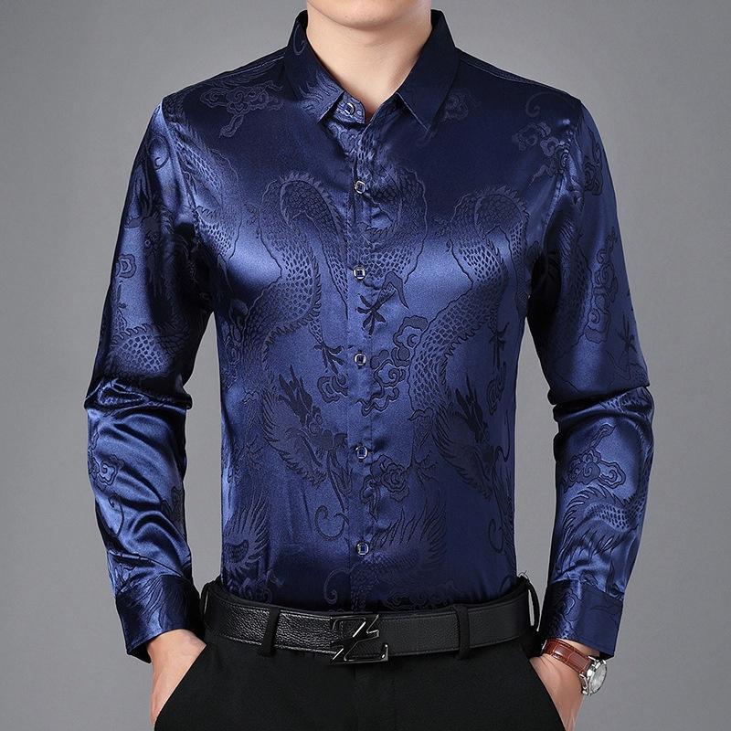 Cămașă de rochie pentru bărbați Cămăși din satin din imitație de mătase Dragon chinezesc Business Formală Bluză cu mânecă lungă Topuri casual