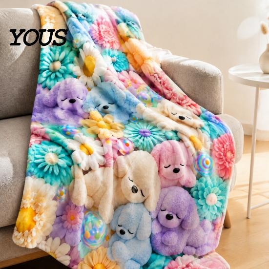 Soft Texture Blanket for Couch Teddy Bear Floral Print Blanket, Super Plush Throw Cute Bunny Rabbit Decorative Puppy Pattern, Cozy Flannel Bedroom