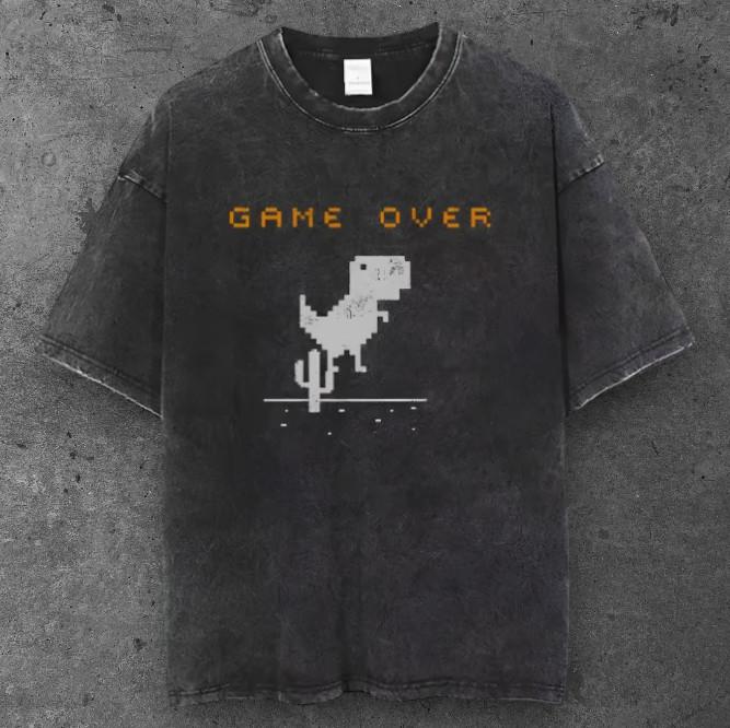 Unisex Pixel Dino Game Over T Shirt Washed Black Y2K Streetwear S-3XL S разноцветный