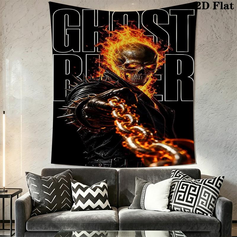 Ghost Rider Skull Flame Bike Tapestry Background Cloth Wallmounted Work Of Art Background Cloth Atmospheric Background Cloth
