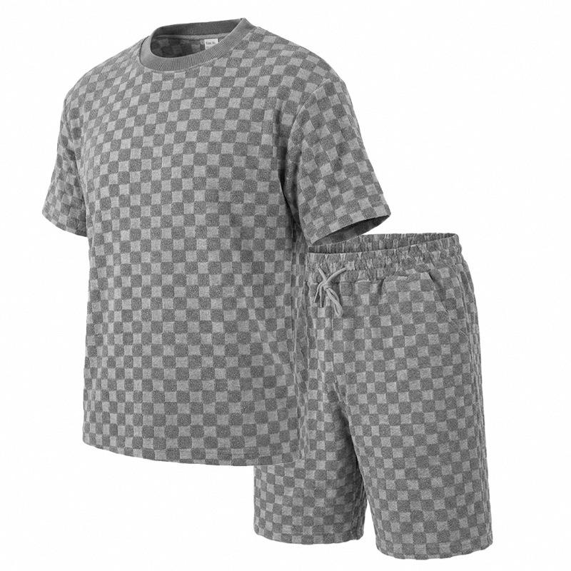 Men S Casual Short Sleeve Round Neck Jacquard Towel Texture Set