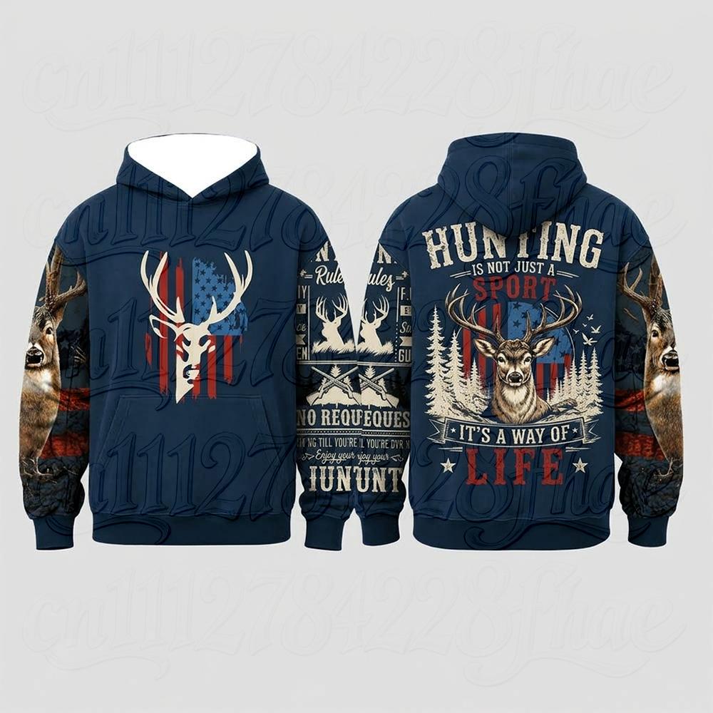 Vintage Camo Deer Hunting Print Parent-Child Long Sleeve Hoodie Casual Independence Day 4th of July Sweatshirt Tops Streetwear