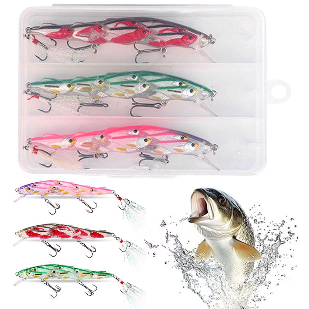 3Pcs Fishing Lures 3D Artificial Hard Fishing Bait Slow Sinking Crank Wobble Bait With Feathered Sharp Hook Fishing Accessories